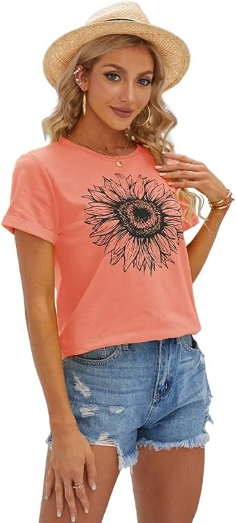 Women T Shirts Short Sleeve Tees Sunflower Graphic Loose Tops