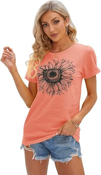 Women T Shirts Short Sleeve Tees Sunflower Graphic Loose Tops