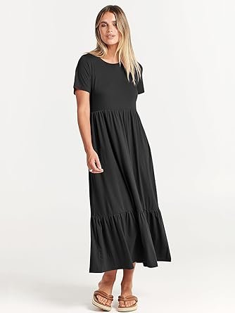 Womens 2025 Casual Maxi Dress A line Tiered Flowy Short Sleeve Crewneck T Shirt Beach Travel Long Dresses
