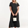 Womens 2025 Casual Maxi Dress A line Tiered Flowy Short Sleeve Crewneck T Shirt Beach Travel Long Dresses