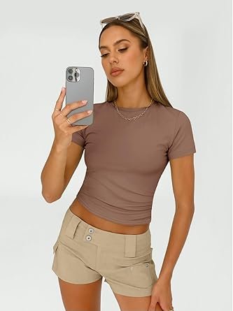 Womens 3 Piece Short Sleeve Shirts Basic Going Out Slim Fitted Crop Tops