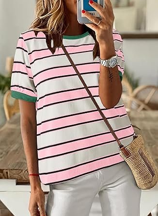 Womens Tops Striped Color Block Short Sleeve TShirts Crewneck Casual Loose Basic Tee Blouses