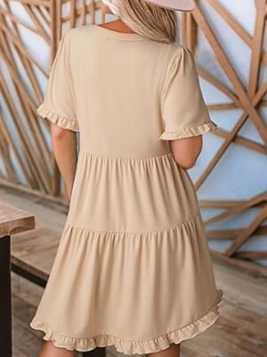 71I0wYlyduL._AC_SY445_.jpg Womens Dresses 2025 V Neck Short Sleeve Casual A Line Flowy Swing Shift Dress Mini Dress