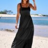 Women Casual Long Maxi Beach Vacation Dresses Sleeveless Square Neck Flowy Tiered Sun Dress with Pockets