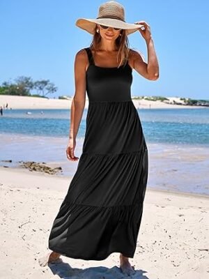 71VhV9t-3XL._AC_SY445_.jpg Women Casual Long Maxi Beach Vacation Dresses Sleeveless Square Neck Flowy Tiered Sun Dress with Pockets