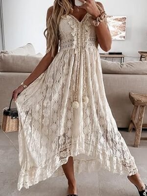 71zGocDkaJL._AC_SY445_.jpg Women Dresses Sleeveless Lace Casual Tassel Beach Spaghetti Straps Flowy Maxi Sun Dress