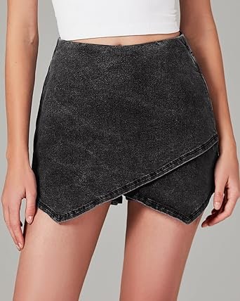 Woman High Waisted Pull On Stretchy Denim Wrap Skirt with Shorts Trendy Asymmetrical Skort