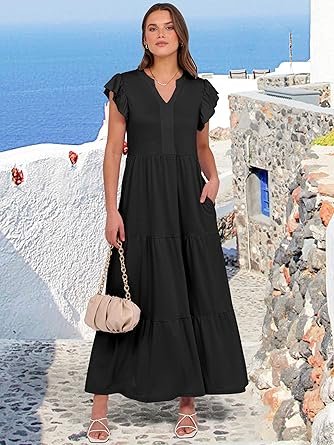 81Zs1KmhQ4L._AC_SY445_.jpg Womens Casual Maxi Dress V Neck Ruffle Sleeve Long Dresses Fashion Flowy Tiered Boho Beach Vacation Sundress