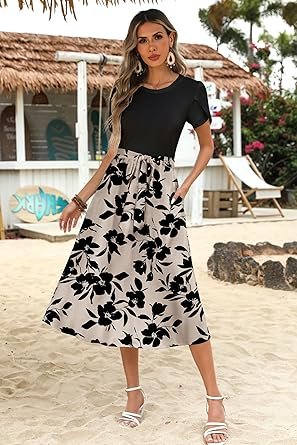 81i68L9x6zL._AC_SY445_.jpg Womens Short Sleeve Dress with Pockets 2025 Casual Floral TShirt Dress Flowy Beach Sundress