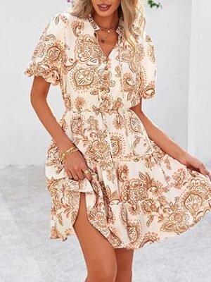 81mzucbVX2L._AC_SX342_.jpg Women Short Dresses V Neck Short Sleeve Tiered Ruffle Boho Swing Dress ALine Mini Dresses
