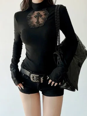 A39301823a12c4c37ab51a643d707e620q.webp Women Turtleneck Gothic Dark Cross Hollow Out T-shirts Long Sleeve Black Casual Slim Fit Pullovers Harajuku See Through Y2K Tops