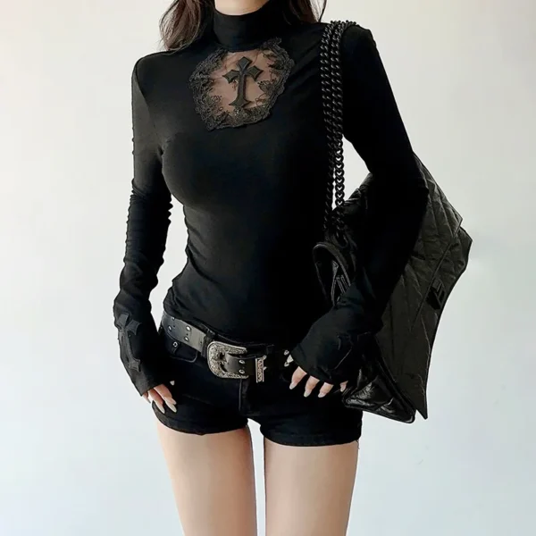 A39301823a12c4c37ab51a643d707e620q.webp Women Turtleneck Gothic Dark Cross Hollow Out T-shirts Long Sleeve Black Casual Slim Fit Pullovers Harajuku See Through Y2K Tops
