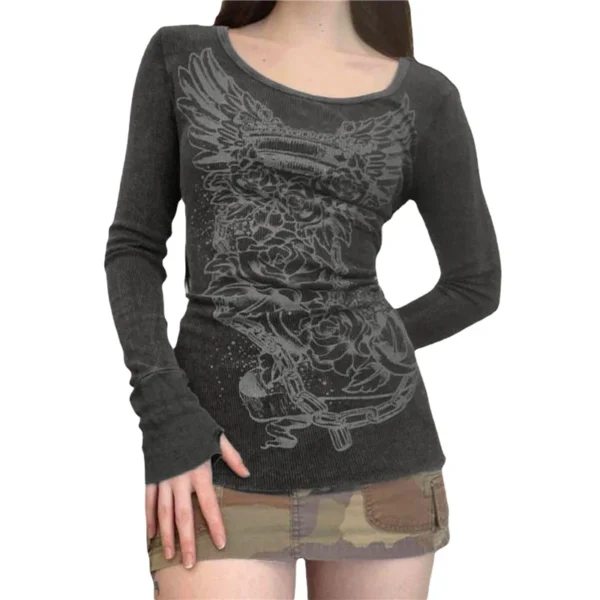 A6c4011dfd78b4343a81362e553ed58981.webp Xingqing 2000s Graphic T Shirt Vintage Fairy Grunge Floral Wings Print Long Sleeve Tops y2k Women Clothes Basic Harajuku Tee