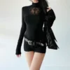 A8f954e0f29f74561ac1c61d49b70ad21d.webp Women Turtleneck Gothic Dark Cross Hollow Out T-shirts Long Sleeve Black Casual Slim Fit Pullovers Harajuku See Through Y2K Tops