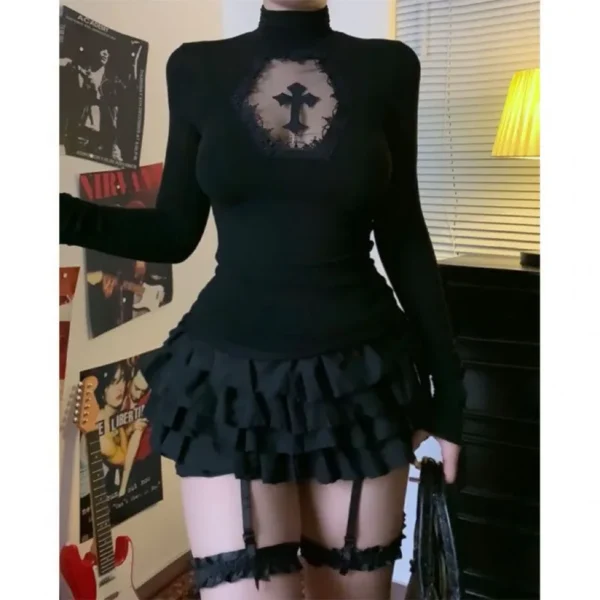 Aed9f05bca73741caab26254f603940aao.webp Women Turtleneck Gothic Dark Cross Hollow Out T-shirts Long Sleeve Black Casual Slim Fit Pullovers Harajuku See Through Y2K Tops