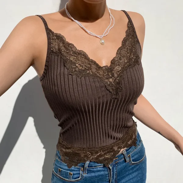H4a68a7432b2344f48dc0010ad52107baf.webp Goth Aesthetic Lace Patchwork Tank Tops For Women Sexy V-Neck Brown Retro Crop Tops Summer y2k Fashion Casual Camisole