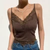 H90049bd66d11423c96f35a6b62a604b96.webp Goth Aesthetic Lace Patchwork Tank Tops For Women Sexy V-Neck Brown Retro Crop Tops Summer y2k Fashion Casual Camisole