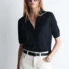 S01f21aa76c444993b80b450fed060313t.webp Ethereal costume 2026 YAZHIMEI summer new style of Ladies' casual fashion slim-fitting Navy blue short-sleeved POLO cardigan