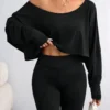 S023817e1ff3347d593ef7d26308cfd79E.webp Women'S Black Long Sleeve Blouse T-shirt Casual Asymmetrical Neck Strapless Top for Sporty