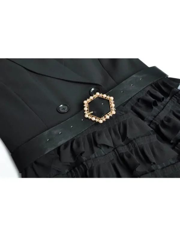 Suit Collar Spliced Office Lady Dress 2025 Spring Lace-Up Ruffled Cake Large Hem Design Sense Women's Long Dresses With Belt