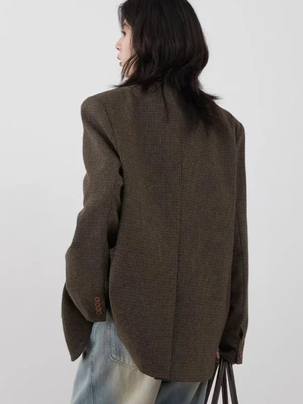 S05d8fe5c0a8648f0b964e7199eca6429P.webp CHIC VEN Women's Woolen Blazer Loose Retro Single Breasted Female Jacket Mid Length Plaid Coat for Woman Autumn Winter 2024