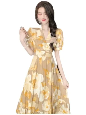 S060e3e2400d24aa394a7065ff88da663B.webp Hebe Style Long Ankle Skirt Sweet Floral Print Women's Dress High Waist Fly Sleeve High Collar Street Trend Urban Fashion