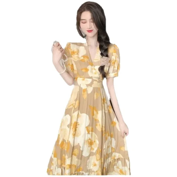 S060e3e2400d24aa394a7065ff88da663B.webp Hebe Style Long Ankle Skirt Sweet Floral Print Women's Dress High Waist Fly Sleeve High Collar Street Trend Urban Fashion