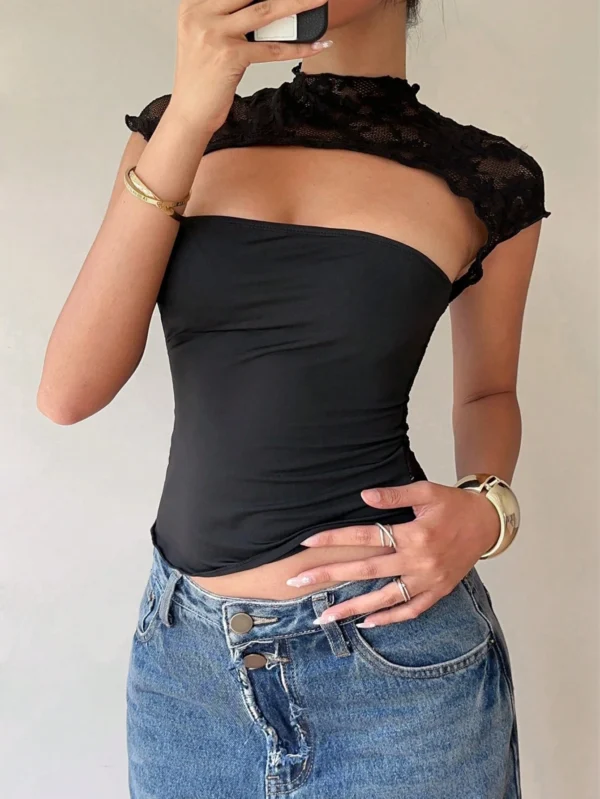 S071c1eac31e842f88c4ae14c4539e0b7k.webp Women's Sexy Lace Patchwork Front Hollow Out Short Sleeve T-Shirt Casual Slim Fit Solid Color Crop Top Spring/Summer 2026