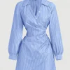 S07bc413f18704f0bbd8f3fae5fcddafe2.webp Women Dress Striped Wrap V Neck Ruched Shirt Mini Dress Chic New Spring Summer Preppy Dress Office Work Date Tailored Dress