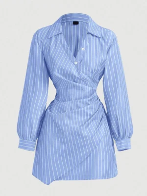 S07bc413f18704f0bbd8f3fae5fcddafe2.webp Women Dress Striped Wrap V Neck Ruched Shirt Mini Dress Chic New Spring Summer Preppy Dress Office Work Date Tailored Dress