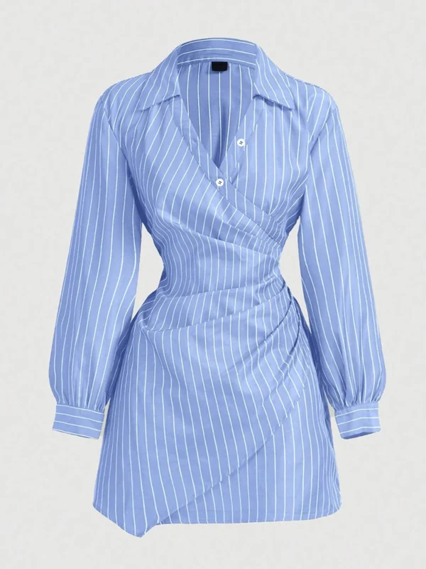 S07bc413f18704f0bbd8f3fae5fcddafe2.webp Women Dress Striped Wrap V Neck Ruched Shirt Mini Dress Chic New Spring Summer Preppy Dress Office Work Date Tailored Dress