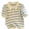 S07c598223ab84f5baebeaa96e2366a77i.webp 2025 Polo Neck New Womens Knitting T-Shirt Striped Short Sleeve Women T Shirt for Female Slim Tops Woman T Shirts Clothing
