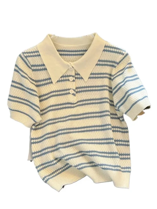 S07c598223ab84f5baebeaa96e2366a77i.webp 2025 Polo Neck New Womens Knitting T-Shirt Striped Short Sleeve Women T Shirt for Female Slim Tops Woman T Shirts Clothing