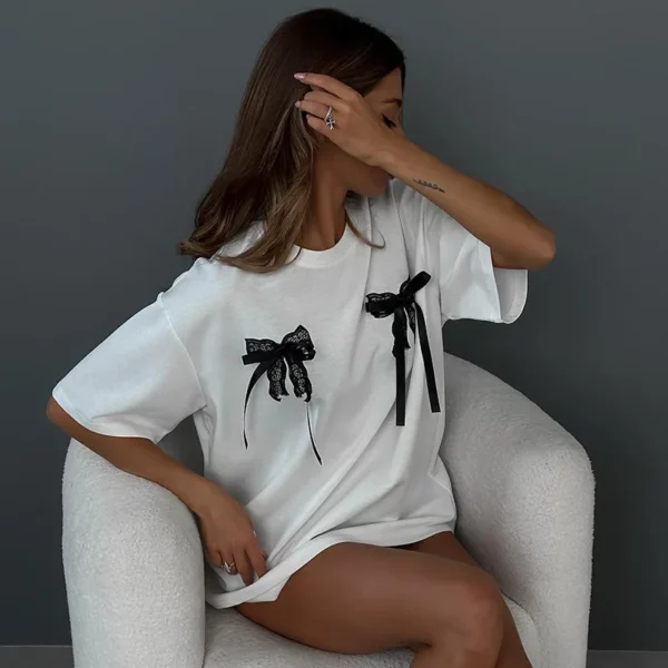 S07ca92b1413d42a297e7515663b7e75fD.webp CGC Simple Style Casual Versatile Bow Short-Sleeved T-shirt For Women O-Neck Korean Fashion Female Clothing y2k Tees Loose Tops