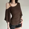 S0814101440264c62b46cdff180c9155dT.webp Retro Spice Girl T-shirt Irregular Off Shoulder Beaded Slanted Collar Pleated Short Sleeved Summer Unique Slimming Top for Women