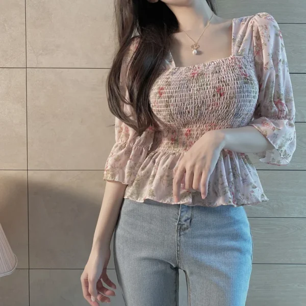 S083a666166104d14a1ed22908a7e096cF.webp Blouses Women Slim Floral Print Lantern Sleeve Elegant Female Temperament Schoolgirls Summer All-match Leisure Holiday Clothes