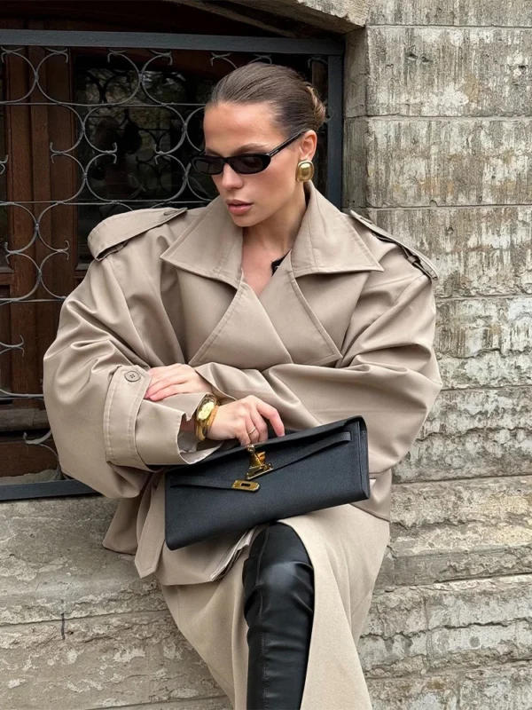 S09174a755b7d4fe1bf4e3495ef690f9et.webp Fashion Lace Up Cropped Trench Coat 2026 Women Lapel Long Sleeves Wide Shoulder Windbreaker Jacket Lady Spring Commuting Outwear