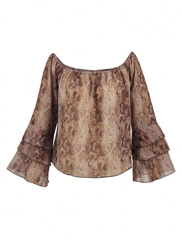 S09cb955d259d4ba88ffc078d8dab313a3.webp New Summer Women's Casual Printed Off-the-Shoulder Chiffon Blouse: Elegant Color-Blocking, Resort Style, Perfect for Summer