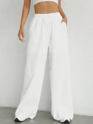 S0a7c64df4a394538b8fd1976300b8148f.webp Women's Solid Color Loose Wide Leg Pants Casual Drawstring Straight Pants Pocket Casual Pants Trousers Loose High Waisted Pants