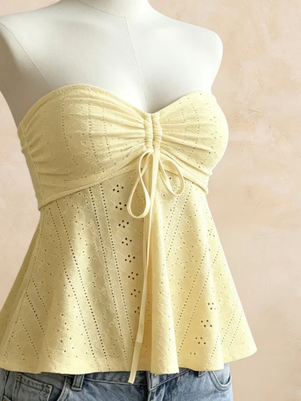 S0a99699ed6274cda8f6511660e3e0f78g.webp Women Yellow Eyelet Lace Tube Top Casual Ruched Tie Front Peplum Strapless Camisole