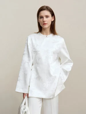 S0d9d7b6cdcbd4ebaa99a0313e19ed057l.webp Amii Women's Jacket 2026 Spring New Elegant Jacquard Tie Front Coat O-Neck Loose Asymmetric Placket Long Sleeve Tops