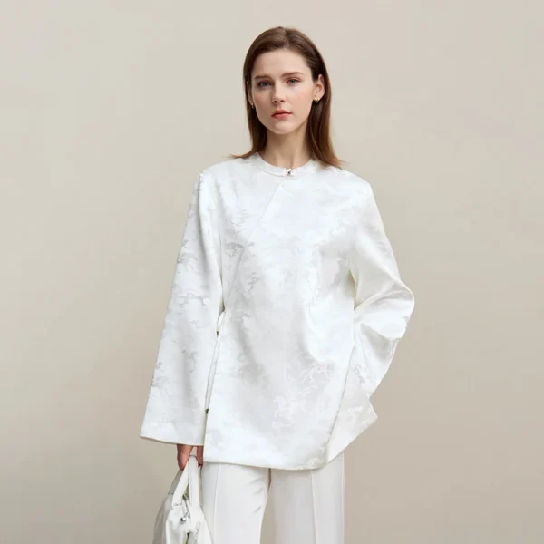S0d9d7b6cdcbd4ebaa99a0313e19ed057l.webp Amii Women's Jacket 2026 Spring New Elegant Jacquard Tie Front Coat O-Neck Loose Asymmetric Placket Long Sleeve Tops