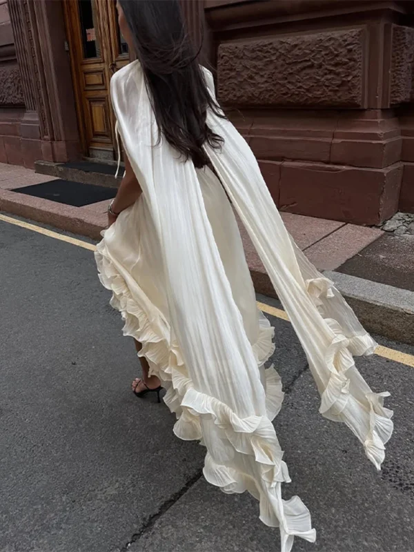 S12c777ba2e074f8dbdd1b55a62ad8cb6n.webp Women Solid Ruffle Maxi Dress Fashion Lapel V-neck Sleeveless Pleated High Waist Chic Dresses 2025 Summer Lady Vacation Robes