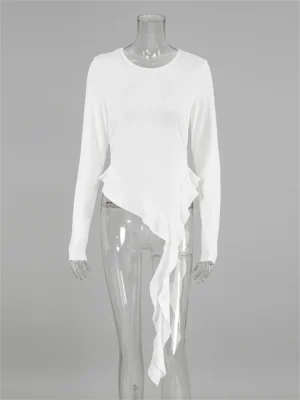 S14487f7afb62463eb46f289b30c92828b.webp Tossy White Knit Slim T-shirt Pullover Female Ruffled Patchwork See-Through Long Sleeve Y2k Sexy Inner Top Women's Knitwear Tee