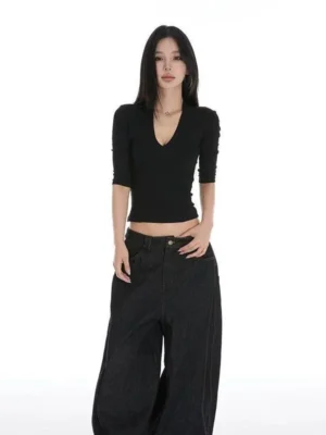 S17d42c6826534f268e06acba251010c97.webp Women's Y2K Black V-Neck Drop Shoulder Short Sleeve Crop T-Shirt Summer Slim Fit Unique Casual Tee Tops Pro Choice Women Clothes
