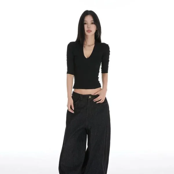 Women's Y2K Black V-Neck Drop Shoulder Short Sleeve Crop T-Shirt Summer Slim Fit Unique Casual Tee Tops Pro Choice Women Clothes