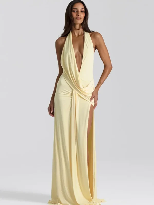 S1a888e69a8414897a52bef4d22ac93a1K.webp Mozision Halter Deep V Neck Backless Sexy Maxi Dress Women Gown Fashion Irregular Sleeveless Thigh High Split Club Party Dresses