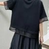 S1d300f4053d64d7693fa9dba037b7489Z.webp Women Black Irregular Mesh Spliced Big Size T-shirt New Round Neck Short Sleeve Fashion Tide Spring Summer 2026