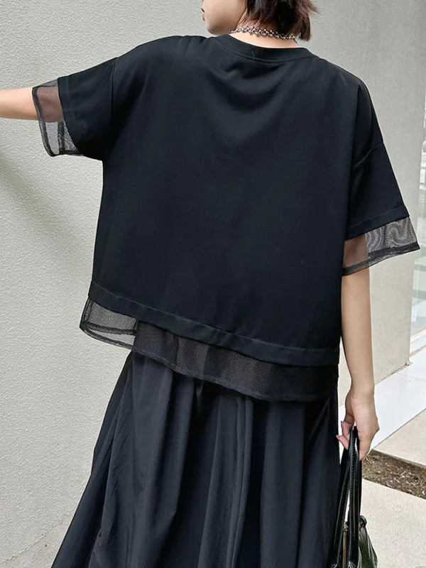 S1d300f4053d64d7693fa9dba037b7489Z.webp Women Black Irregular Mesh Spliced Big Size T-shirt New Round Neck Short Sleeve Fashion Tide Spring Summer 2026