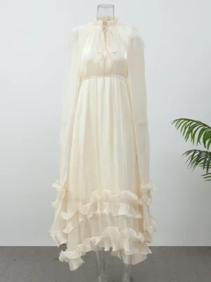 S1d632e2b49e74dd29f51a76ec4367f27N.webp Women Solid Ruffle Maxi Dress Fashion Lapel V-neck Sleeveless Pleated High Waist Chic Dresses 2025 Summer Lady Vacation Robes